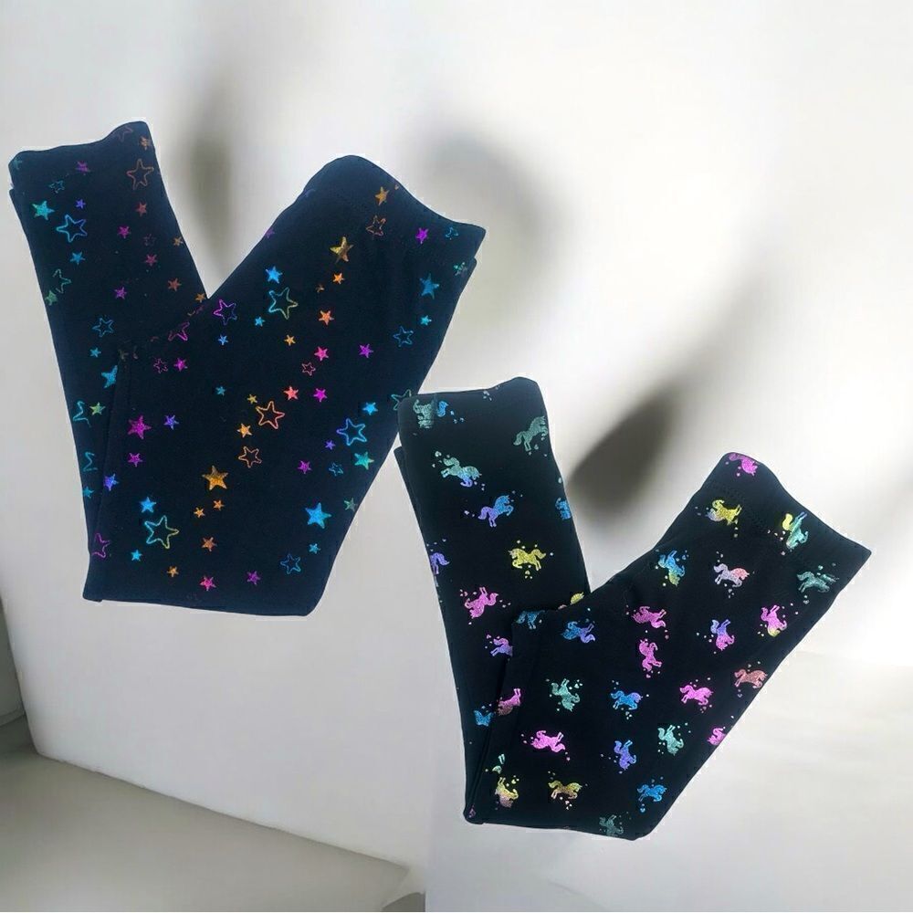 Vigoss Kids l 2 Pair Girl’s Black Leggings l Rainbow Stars & Unicorns Print l XS